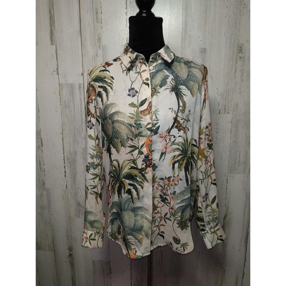 H&M Botanical Print Blouse Size 2 Parrot Butterfly - Picture 1 of 8